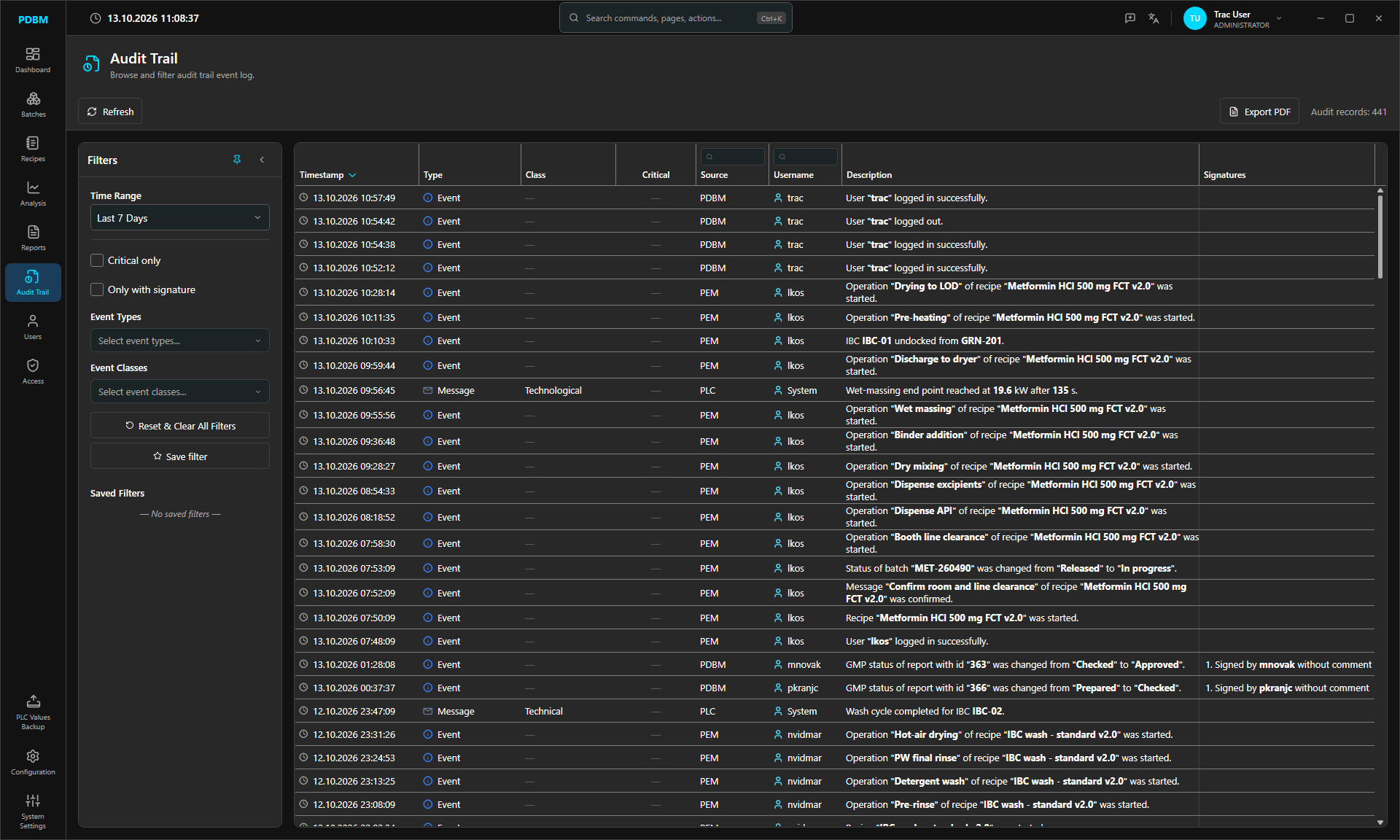 Audit trail with PDBM, PEM and PLC events and signatures