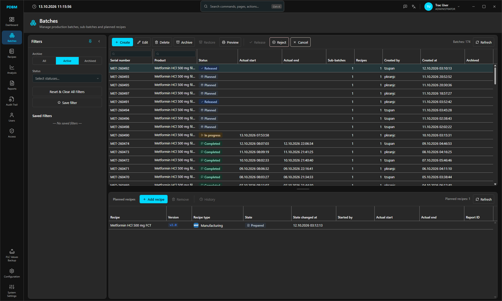 Batches list with planned, released, in progress and completed batches