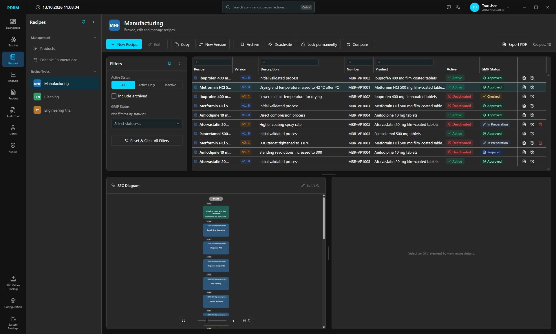 Recipes module in the dark theme