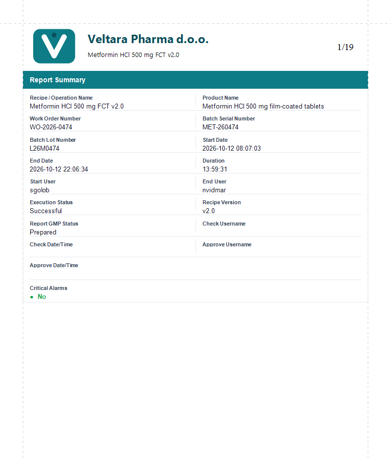 First page of a batch report: report summary with recipe, batch, timing and GMP status