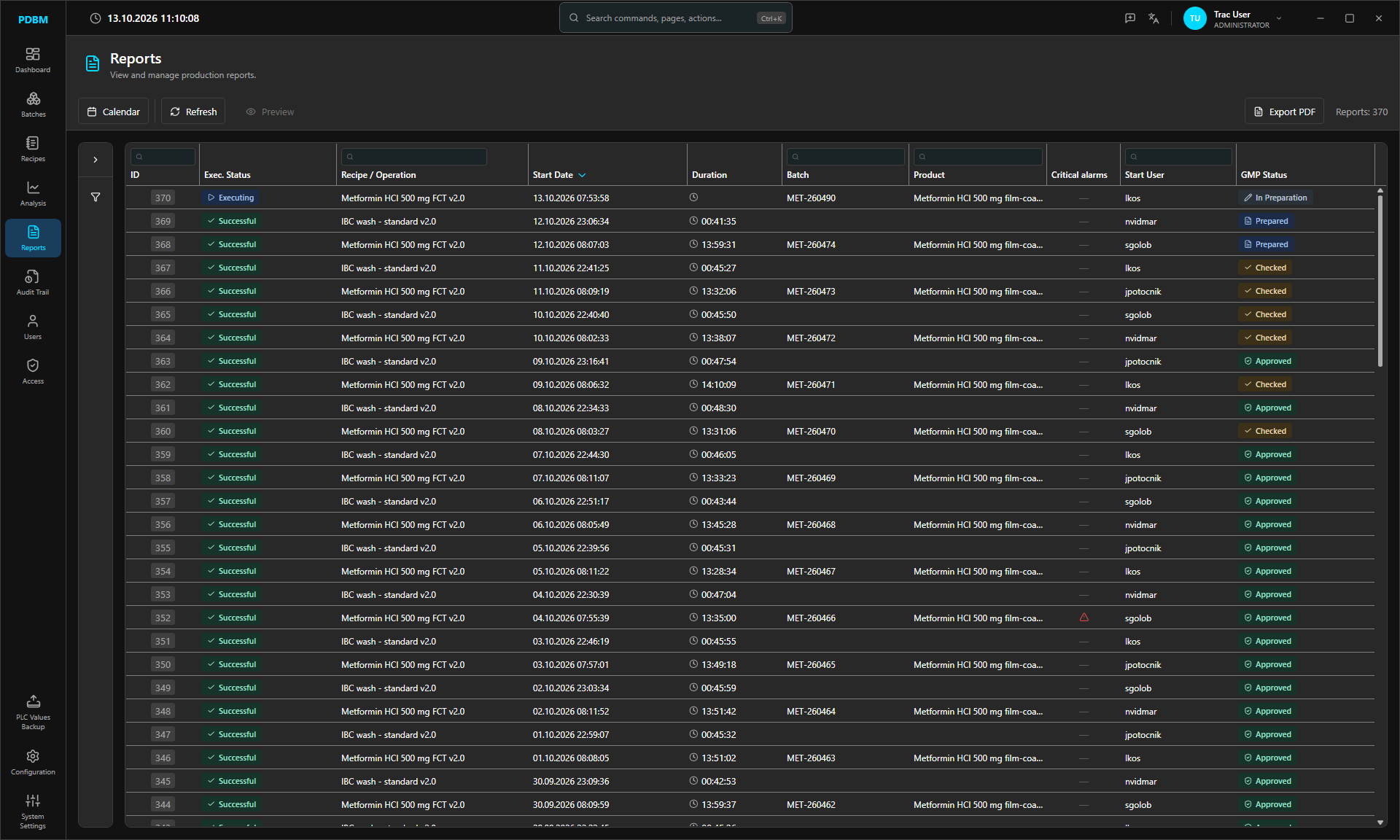 Reports list with an executing run at the top